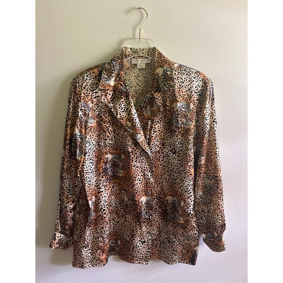 Vtg tiger leopard animal print 90s silk blouse Sz 10 - Picture 1 of 5